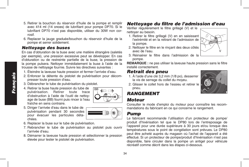 Français, Nettoyage du fi ltre de l’admission d’eau, Retrait des pneu | Rangement moteur, Pump | DeWalt DP3700 User Manual | Page 34 / 64