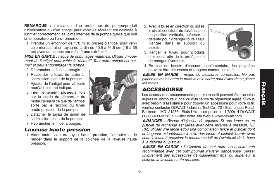 Français, Laveuse haute pression, Accessoires | DeWalt DP3700 User Manual | Page 35 / 64