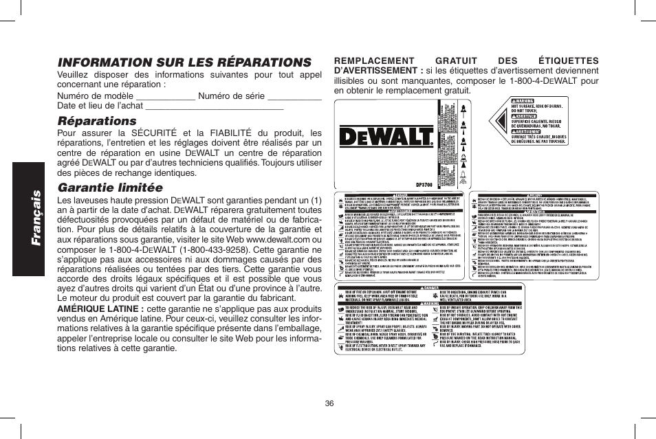 Français information sur les réparations, Réparations, Garantie limitée | DeWalt DP3700 User Manual | Page 36 / 64