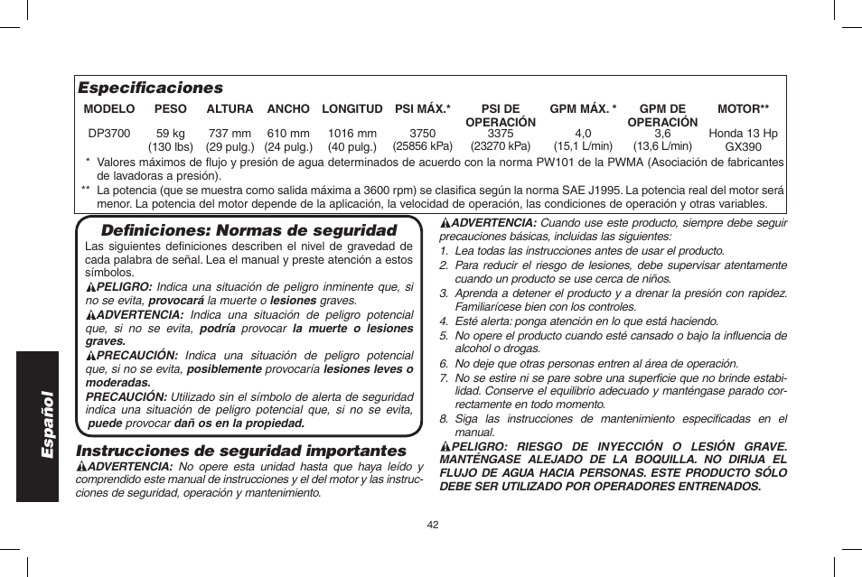 Español especifi caciones, Defi niciones: normas de seguridad, Instrucciones de seguridad importantes | DeWalt DP3700 User Manual | Page 42 / 64