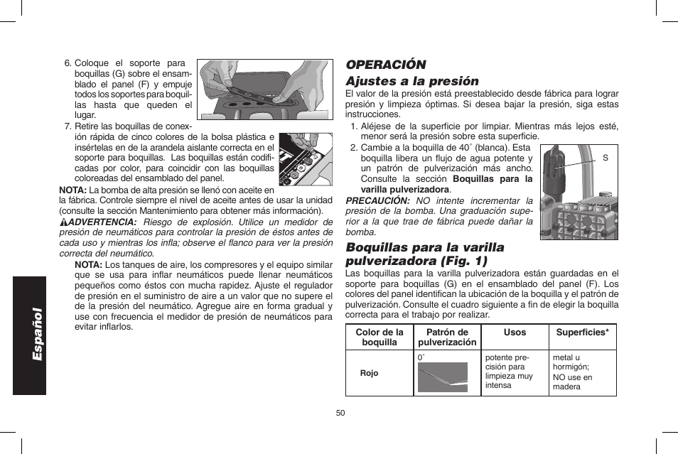 Español, Operación ajustes a la presión, Boquillas para la varilla pulverizadora (fig. 1) | DeWalt DP3700 User Manual | Page 50 / 64