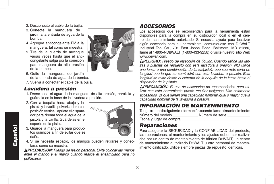 Español, Lavadora a presión, Accesorios | Información de mantenimiento, Reparaciones | DeWalt DP3700 User Manual | Page 56 / 64