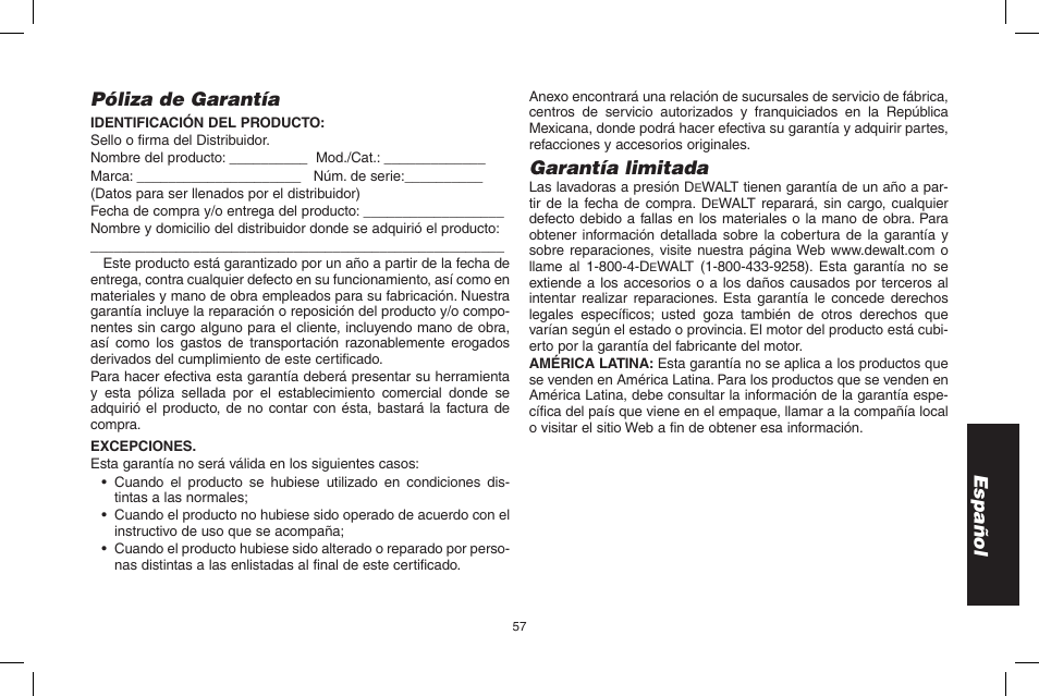 Español póliza de garantía, Garantía limitada | DeWalt DP3700 User Manual | Page 57 / 64