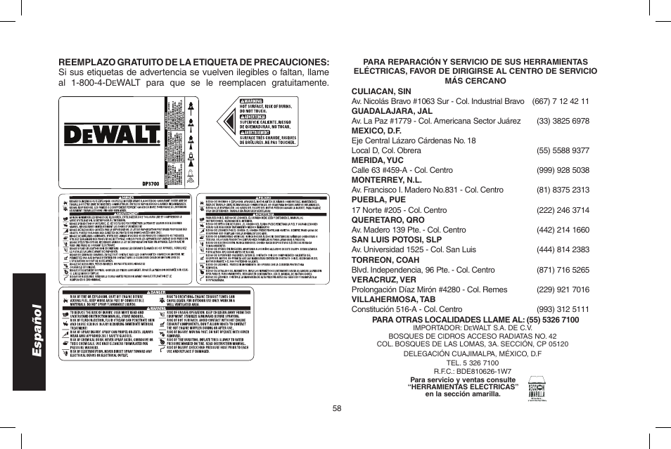 Español | DeWalt DP3700 User Manual | Page 58 / 64