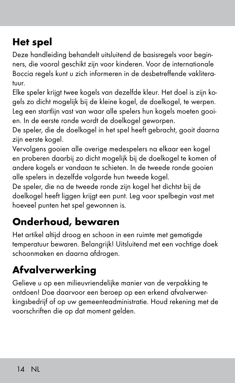 Het spel, Onderhoud, bewaren, Afvalverwerking | Playtive Bocce Set User Manual | Page 14 / 20