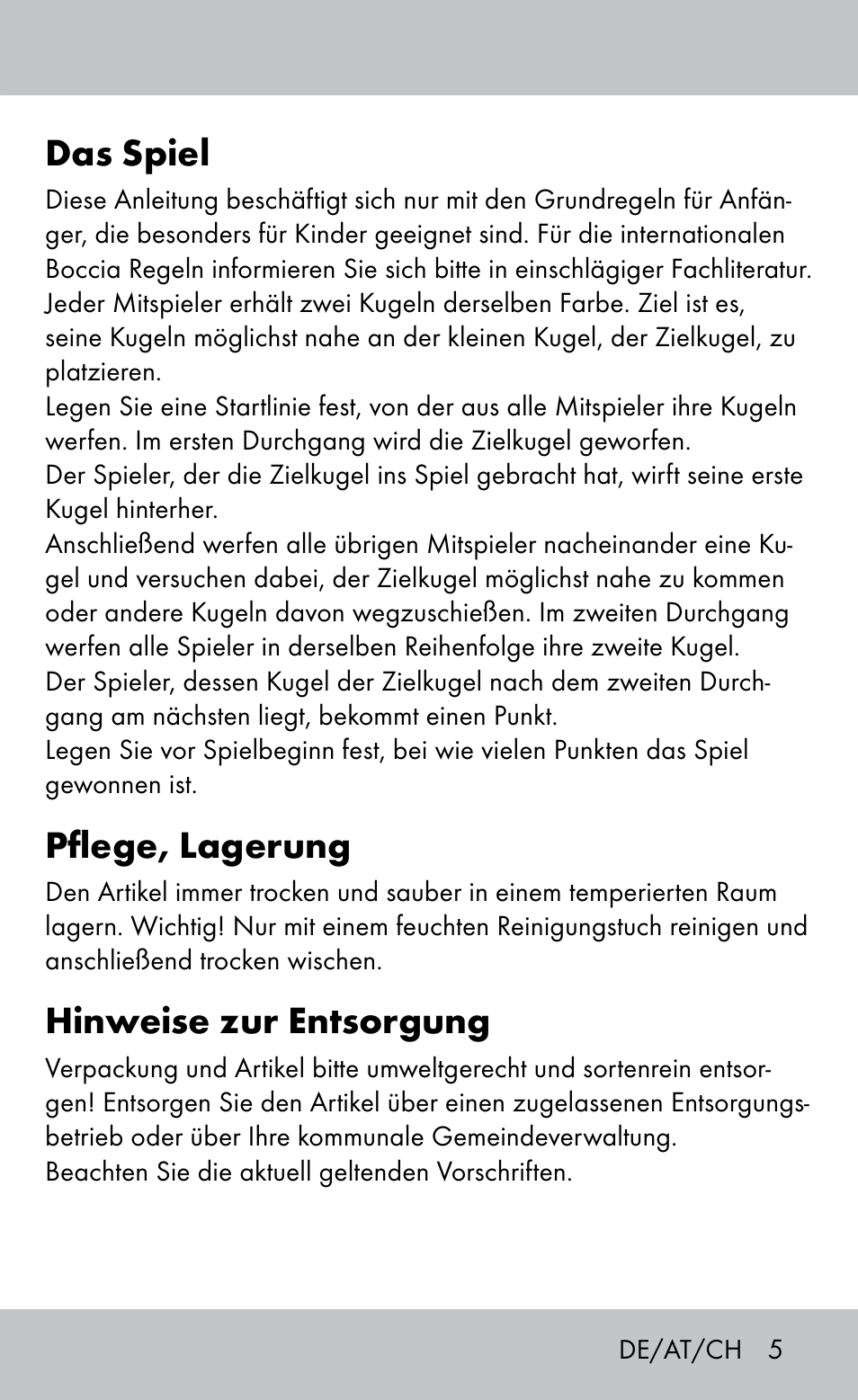 Das spiel, Pflege, lagerung, Hinweise zur entsorgung | Playtive Bocce Set User Manual | Page 5 / 20