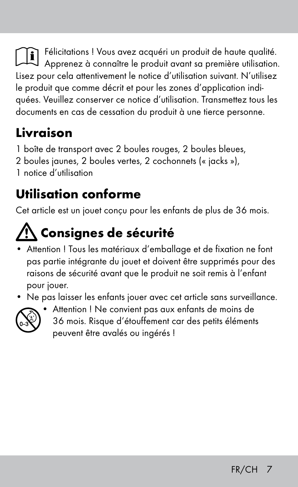 Livraison, Utilisation conforme, Consignes de sécurité | Playtive Bocce Set User Manual | Page 7 / 20