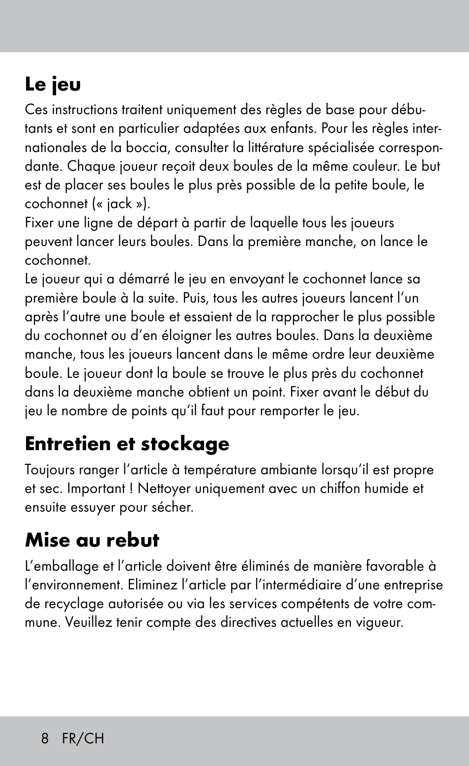 Le jeu, Entretien et stockage, Mise au rebut | Playtive Bocce Set User Manual | Page 8 / 20