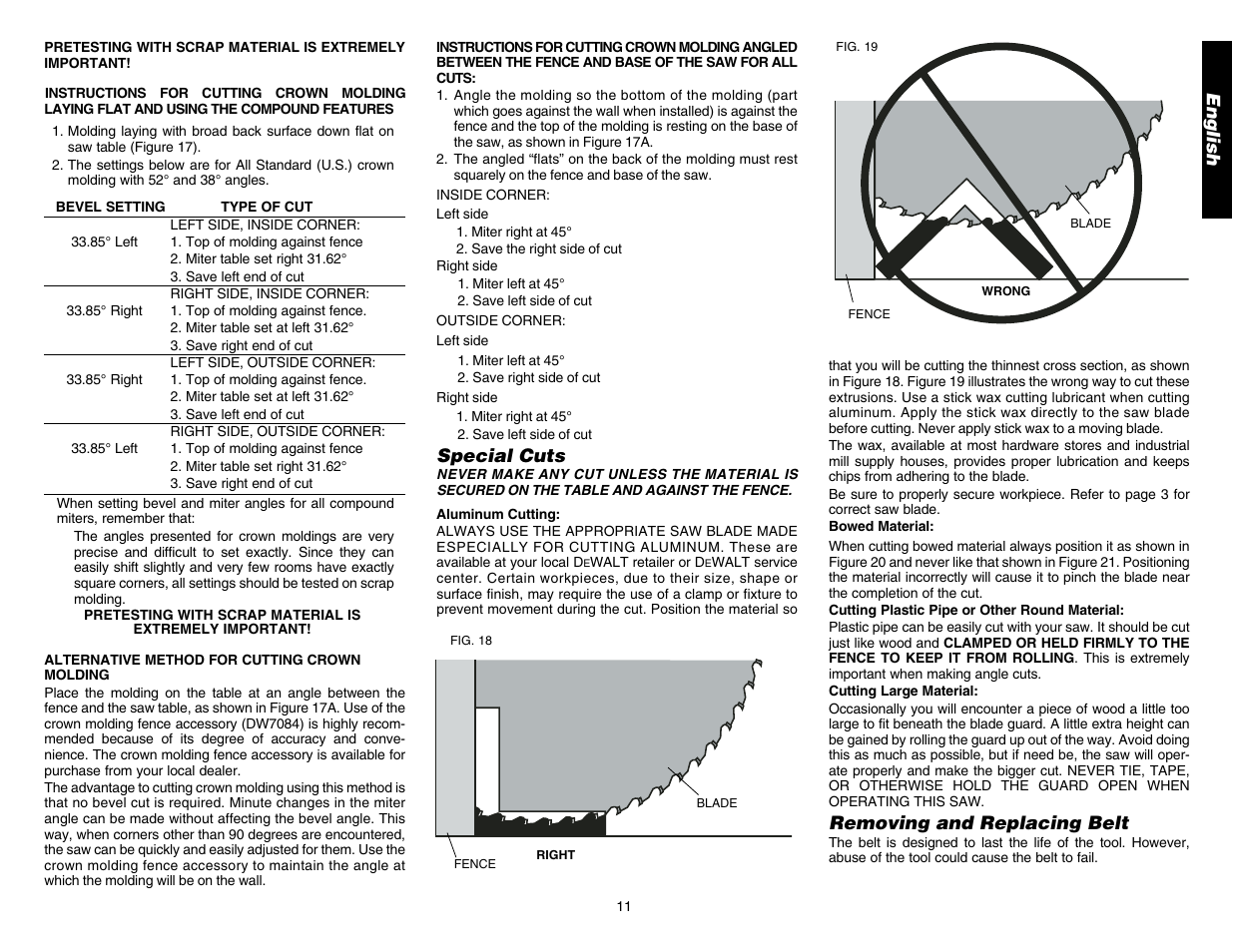 English, Special cuts, Removing and replacing belt | DeWalt DW706 User Manual | Page 13 / 52