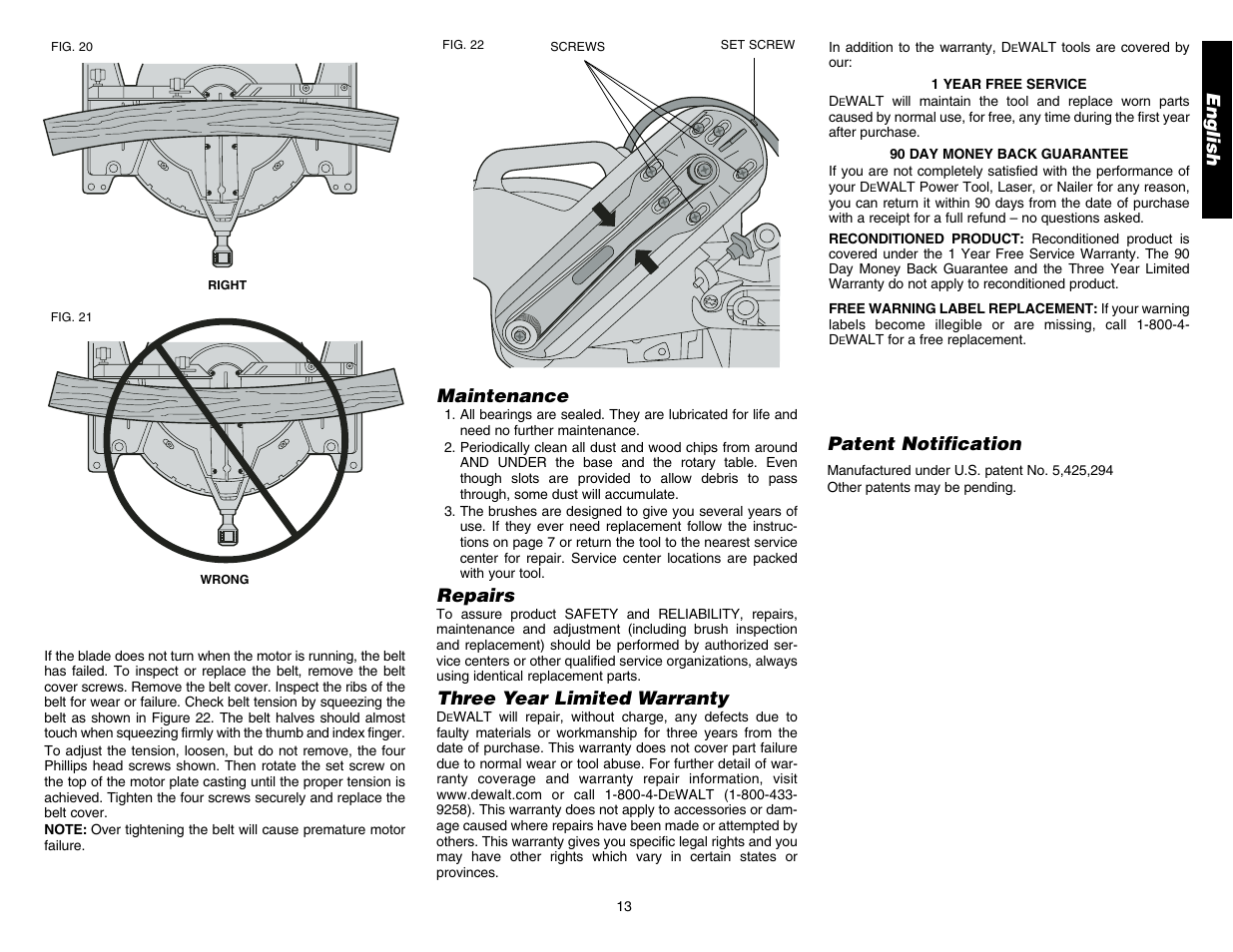 English, Maintenance, Repairs | Three year limited warranty, Patent notification | DeWalt DW706 User Manual | Page 15 / 52