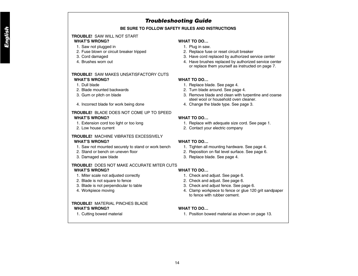 English troubleshooting guide | DeWalt DW706 User Manual | Page 16 / 52