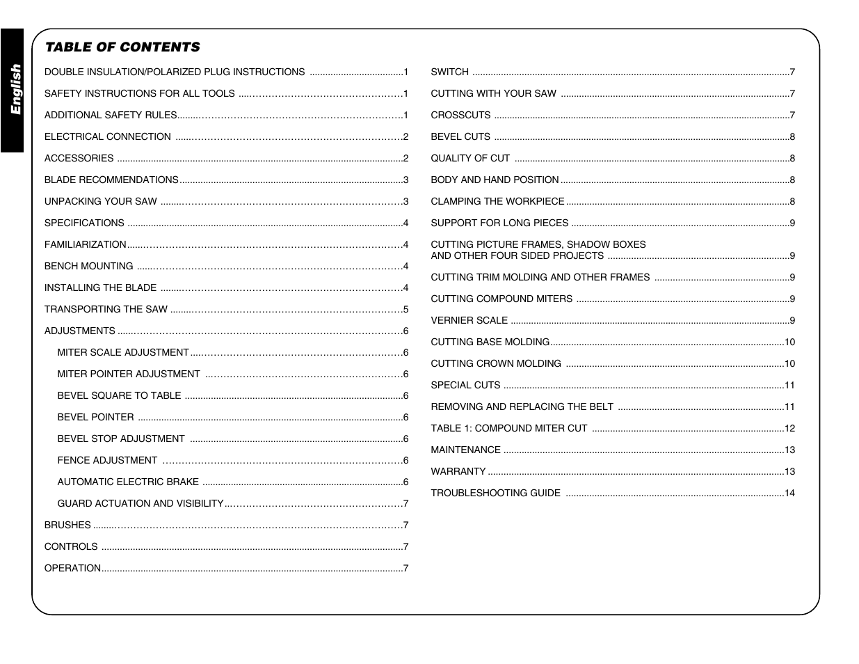 English table of contents | DeWalt DW706 User Manual | Page 2 / 52