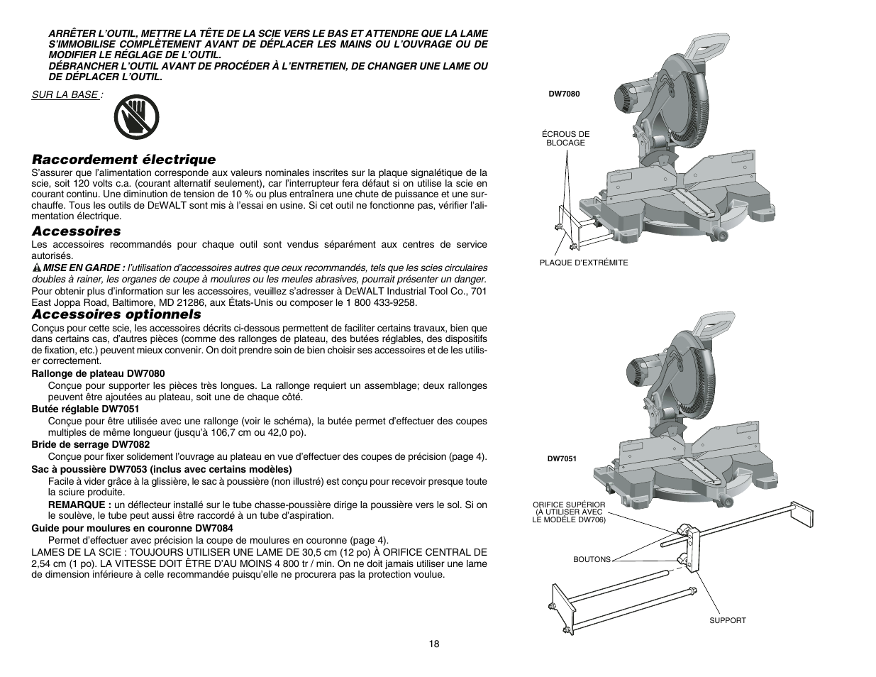 Raccordement électrique, Accessoires, Accessoires optionnels | DeWalt DW706 User Manual | Page 20 / 52