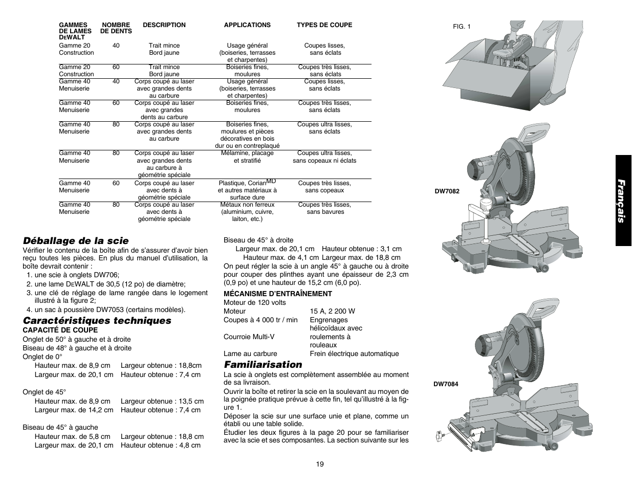 Français, Déballage de la scie, Caractéristiques techniques | Familiarisation | DeWalt DW706 User Manual | Page 21 / 52