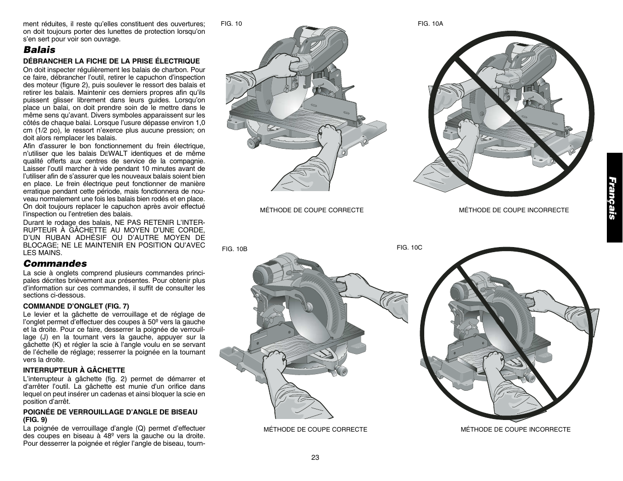 Français, Balais, Commandes | DeWalt DW706 User Manual | Page 25 / 52