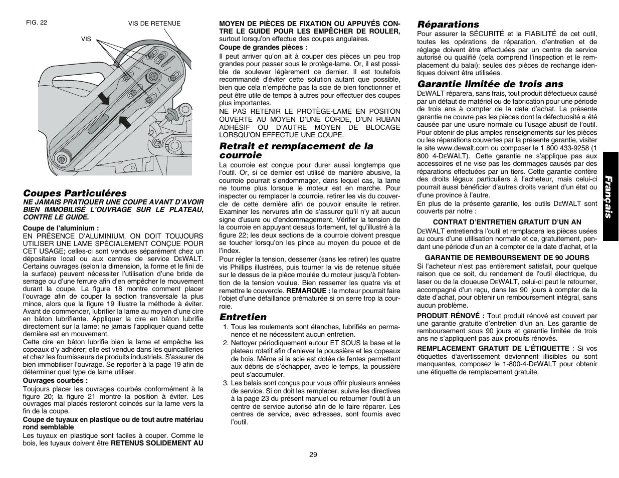 Français, Réparations, Garantie limitée de trois ans | Coupes particuléres, Retrait et remplacement de la courroie, Entretien | DeWalt DW706 User Manual | Page 31 / 52