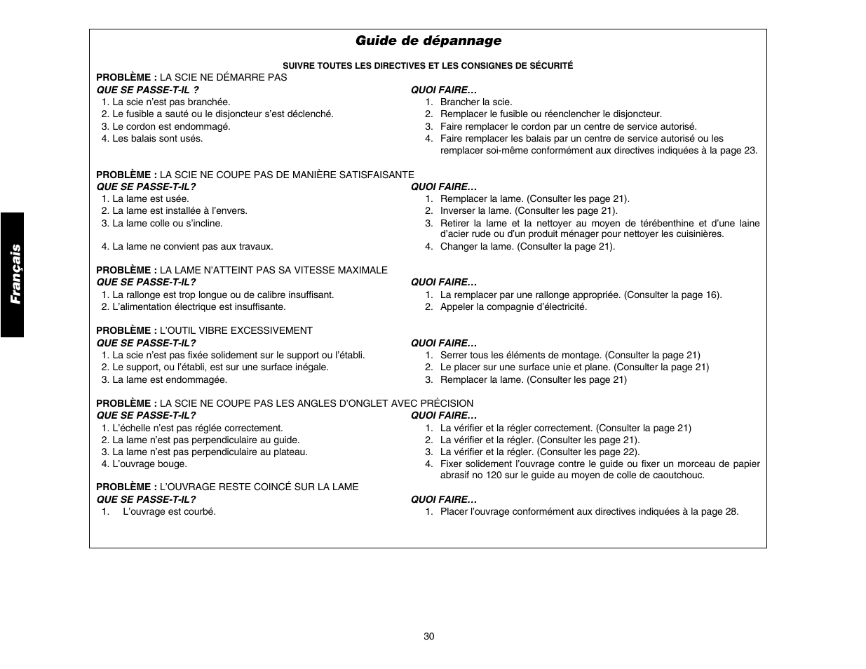 Français, Guide de dépannage | DeWalt DW706 User Manual | Page 32 / 52