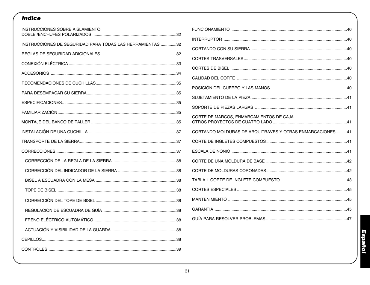 Español indice | DeWalt DW706 User Manual | Page 33 / 52