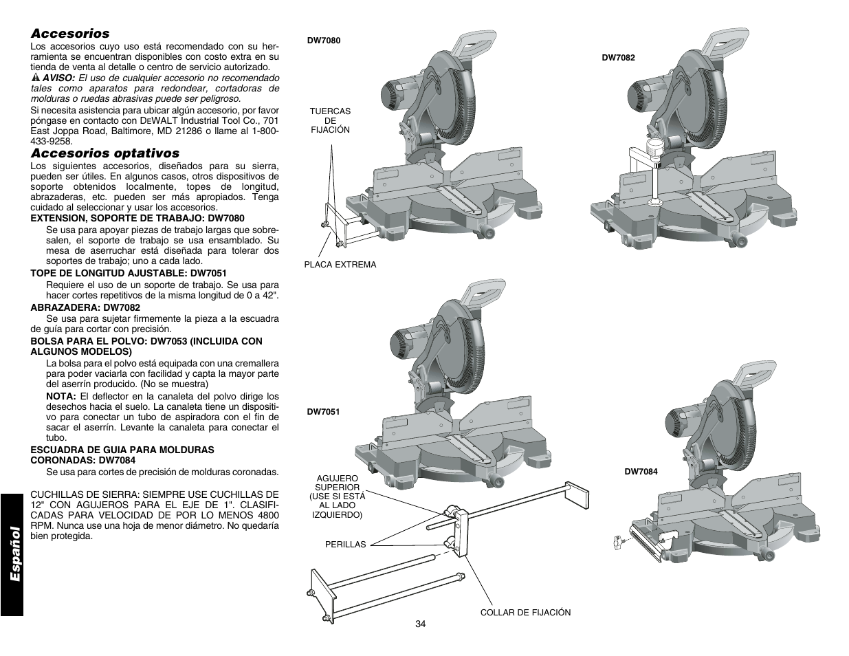 Español, Accesorios, Accesorios optativos | DeWalt DW706 User Manual | Page 36 / 52