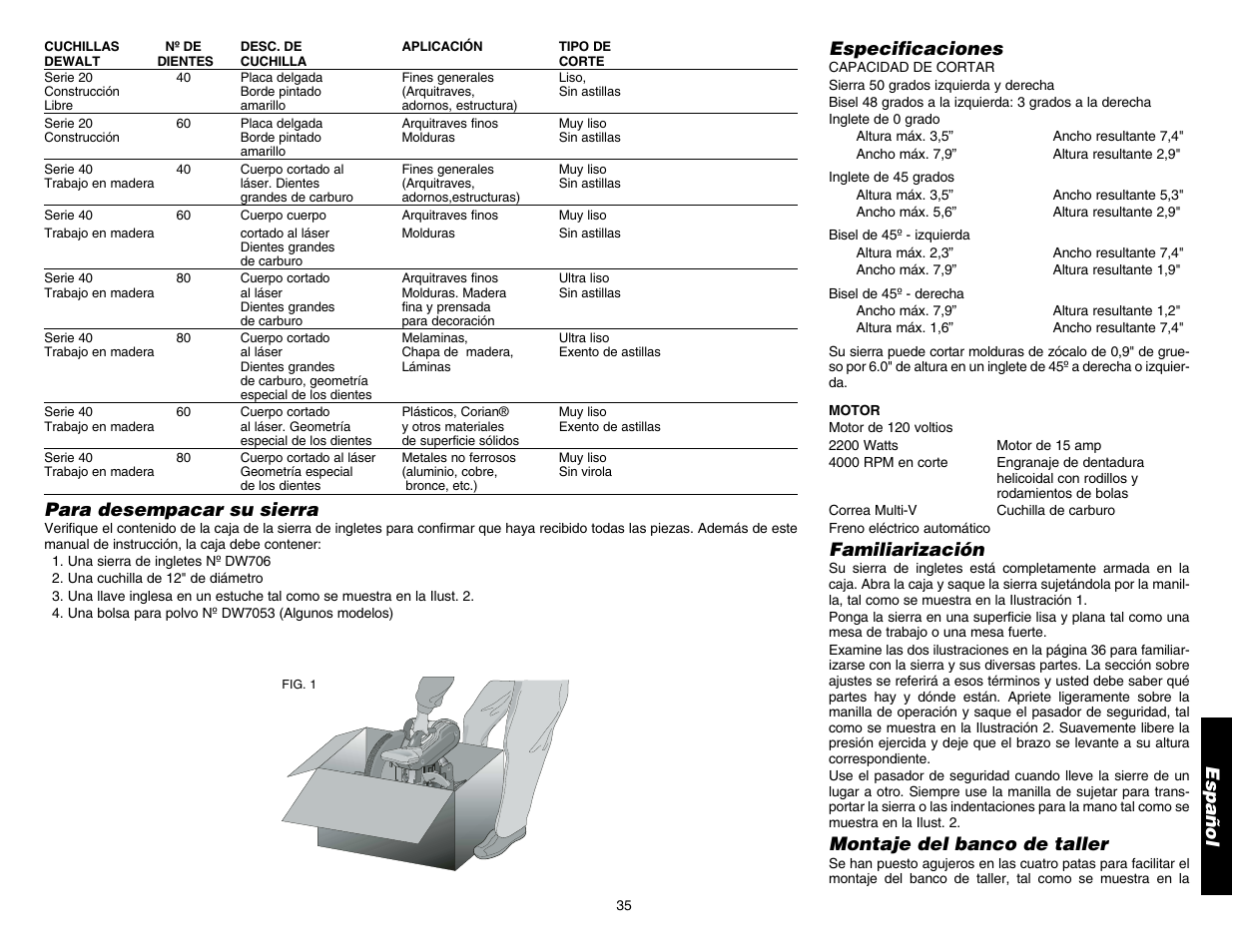 Español, Especificaciones, Familiarización | Montaje del banco de taller, Para desempacar su sierra | DeWalt DW706 User Manual | Page 37 / 52