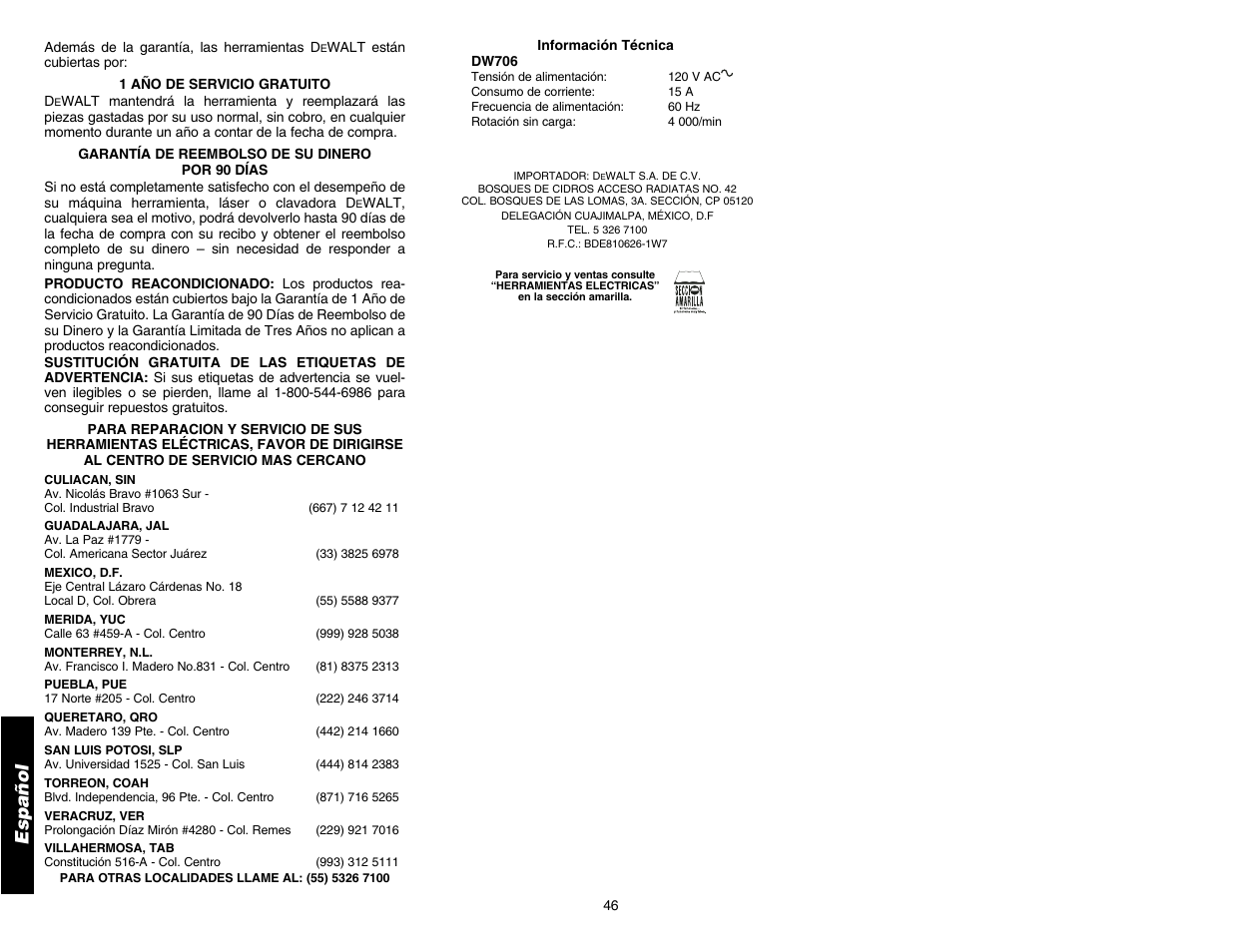 Español | DeWalt DW706 User Manual | Page 48 / 52