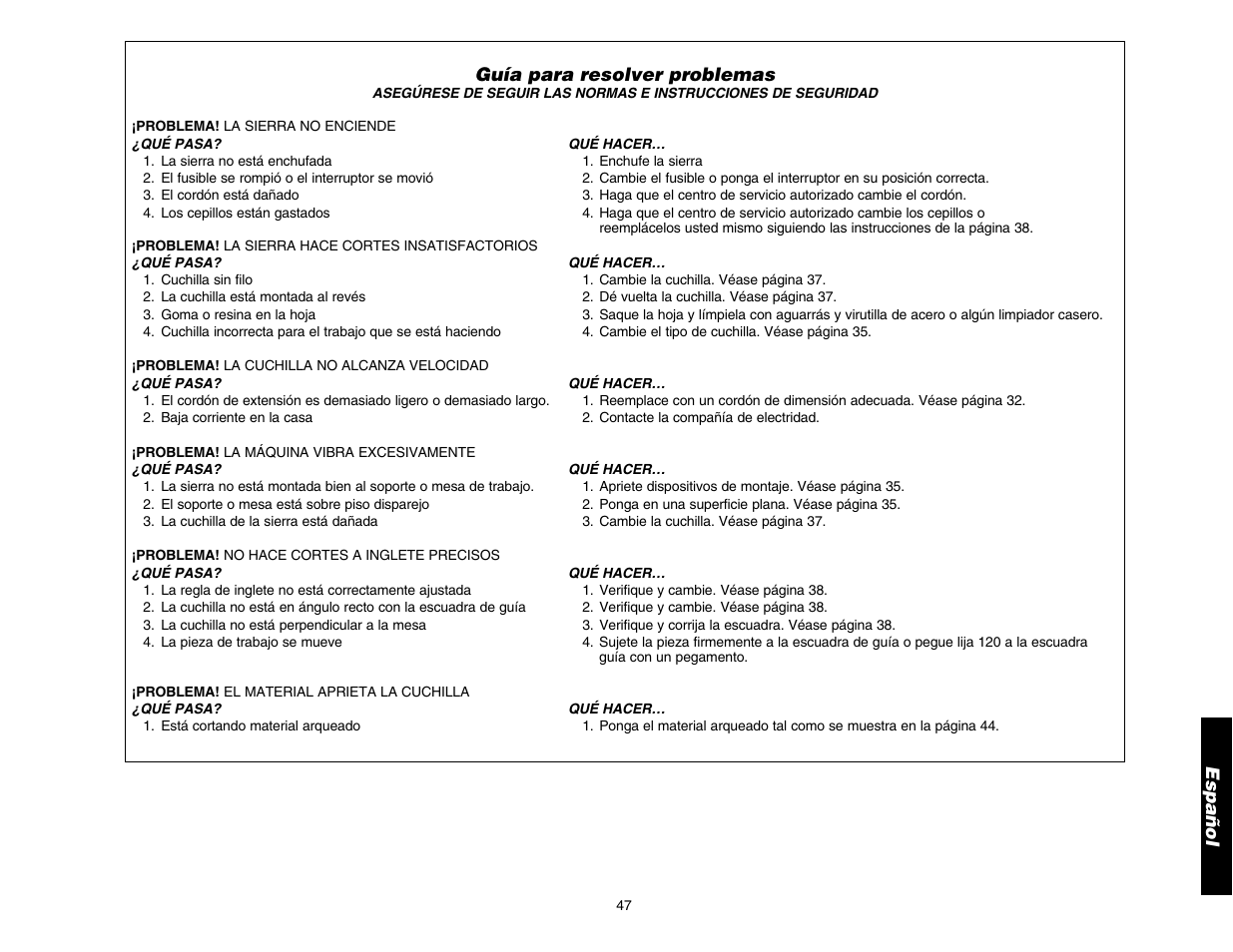 Español, Guía para resolver problemas | DeWalt DW706 User Manual | Page 49 / 52