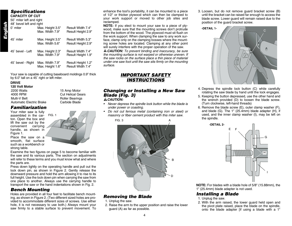 English, Installing a blade, Specifications | Familiarization, Bench mounting, Removing the blade | DeWalt DW706 User Manual | Page 6 / 52