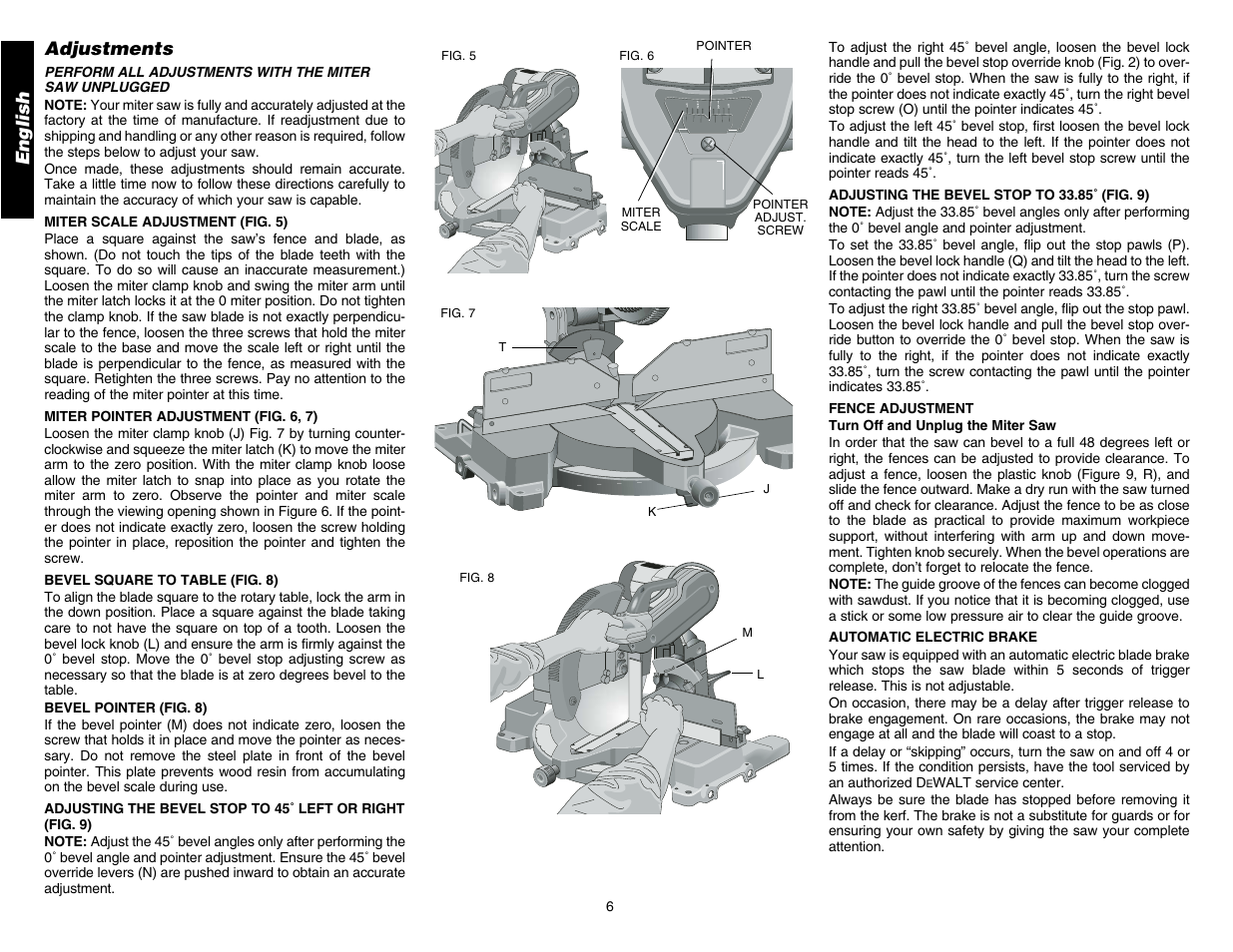 English, Adjustments | DeWalt DW706 User Manual | Page 8 / 52