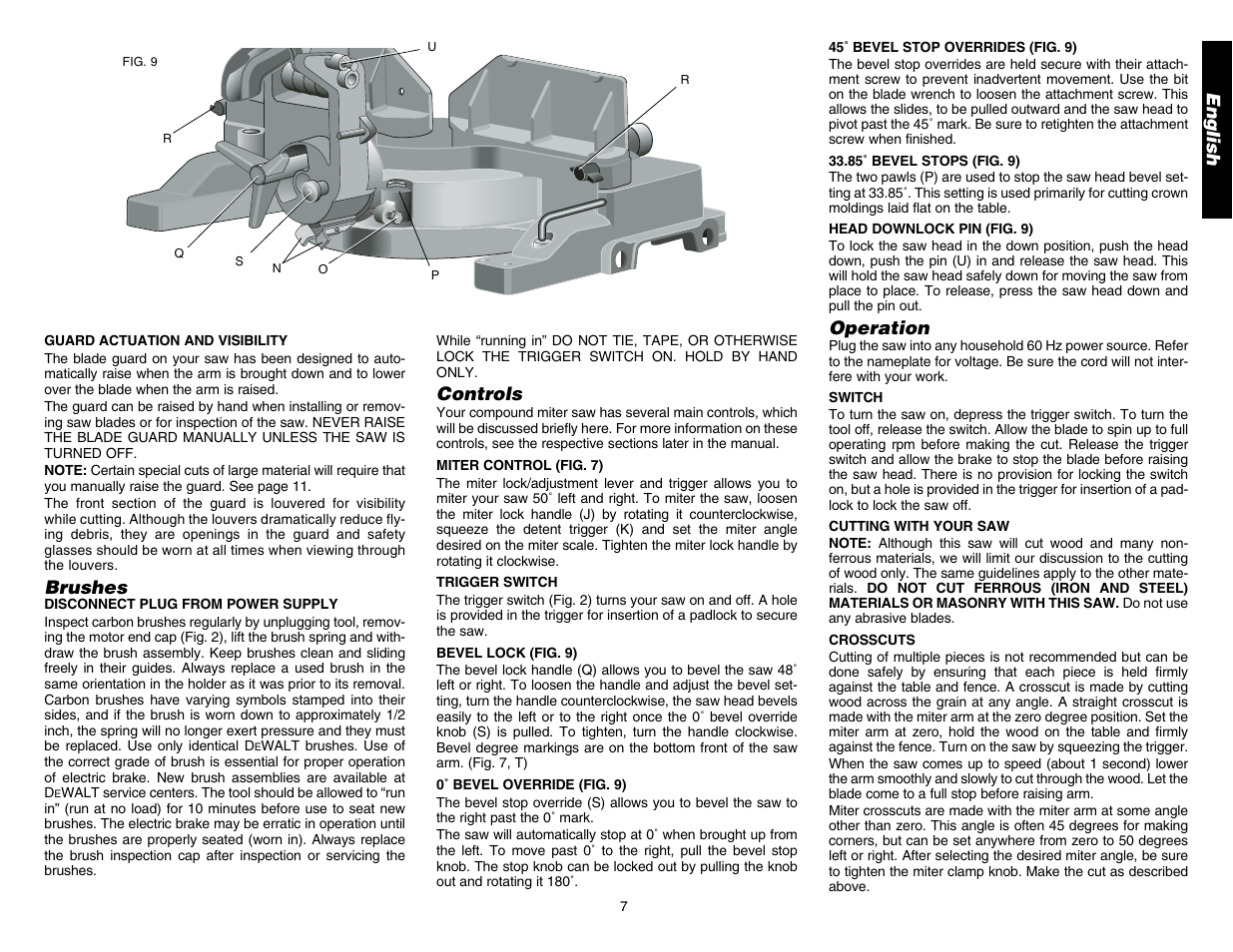 English, Brushes, Controls | Operation | DeWalt DW706 User Manual | Page 9 / 52