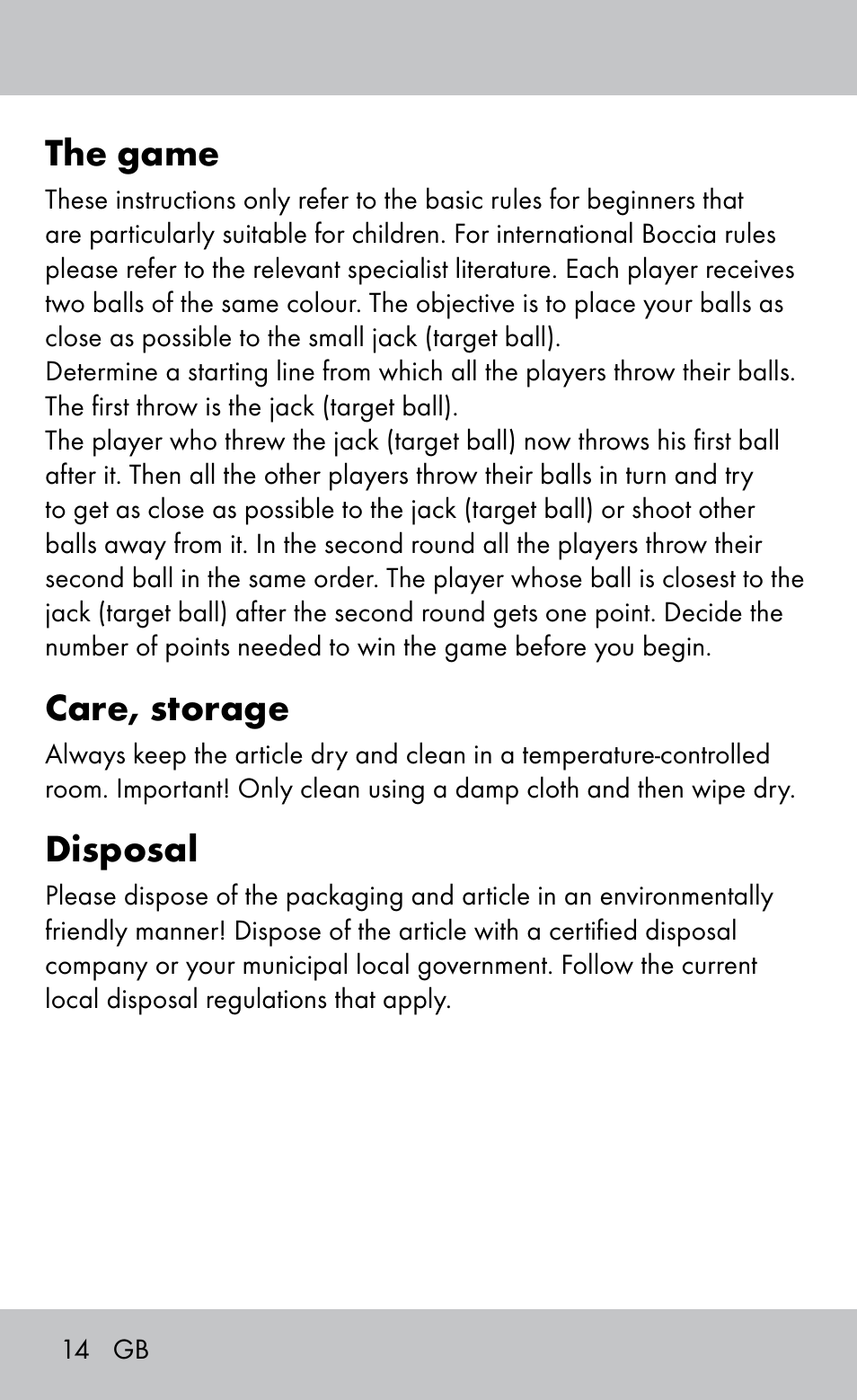 The game, Care, storage, Disposal | Playtive Bocce Set User Manual | Page 14 / 16