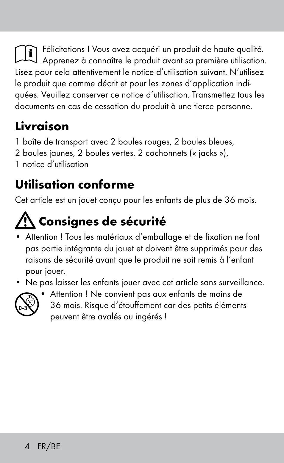 Livraison, Utilisation conforme, Consignes de sécurité | Playtive Bocce Set User Manual | Page 4 / 16