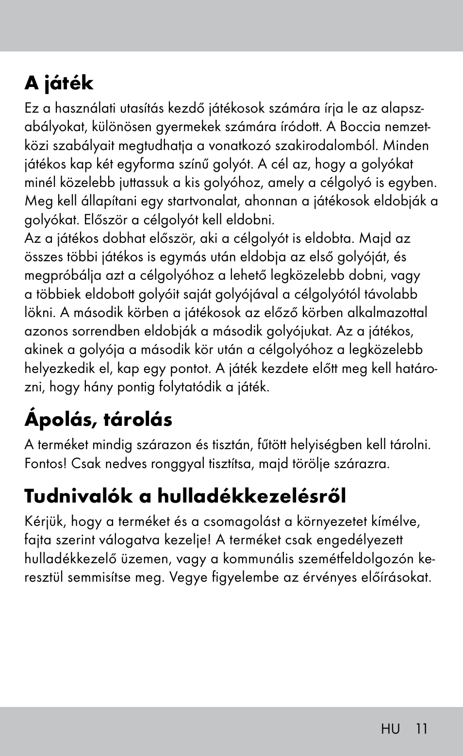A játék, Ápolás, tárolás, Tudnivalók a hulladékkezelésről | Playtive Bocce Set User Manual | Page 11 / 28