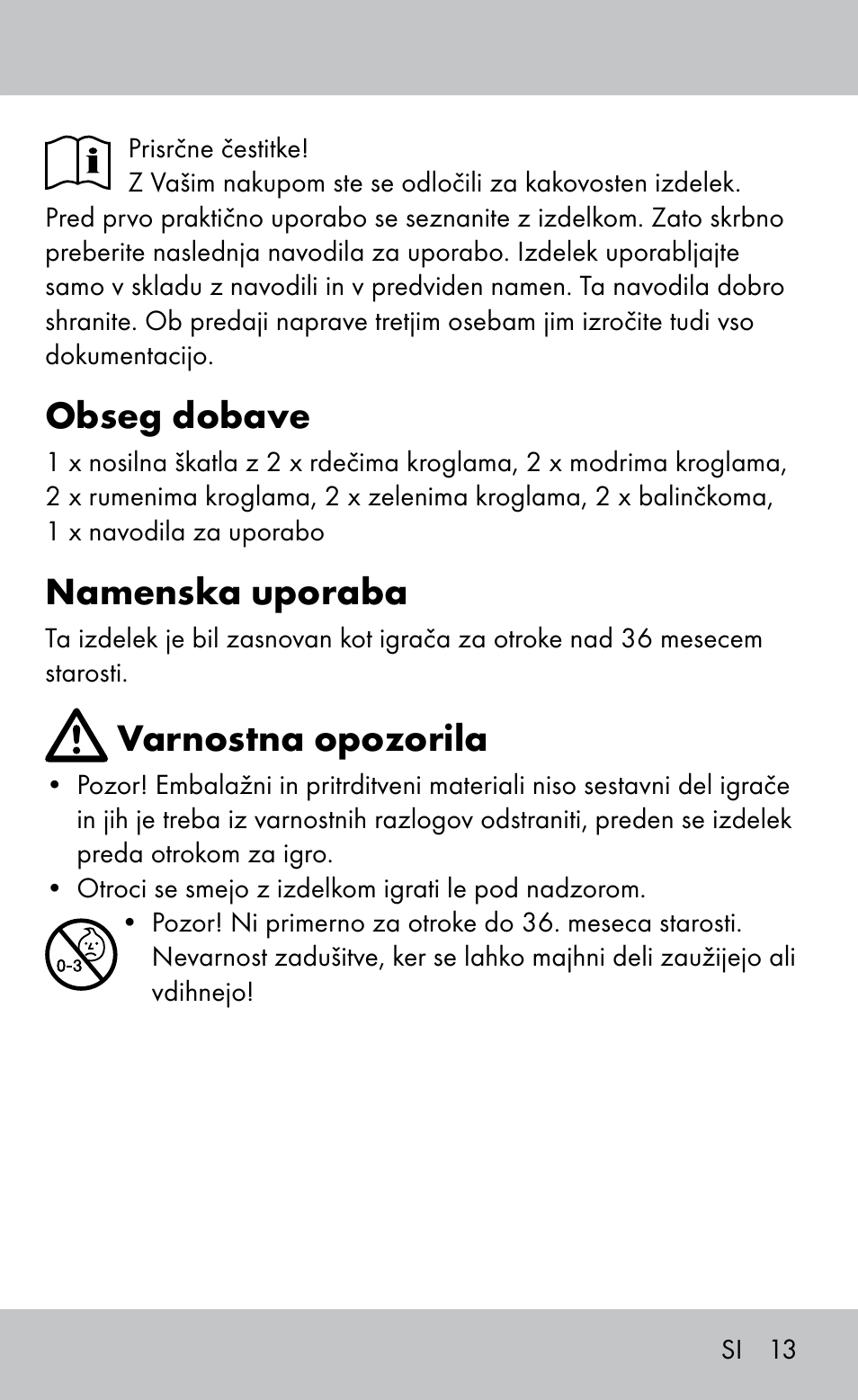 Obseg dobave, Namenska uporaba, Varnostna opozorila | Playtive Bocce Set User Manual | Page 13 / 28