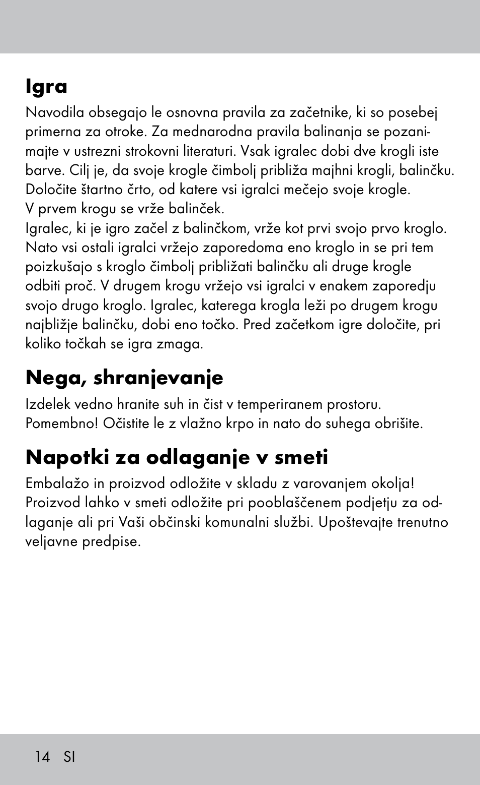 Igra, Nega, shranjevanje, Napotki za odlaganje v smeti | Playtive Bocce Set User Manual | Page 14 / 28