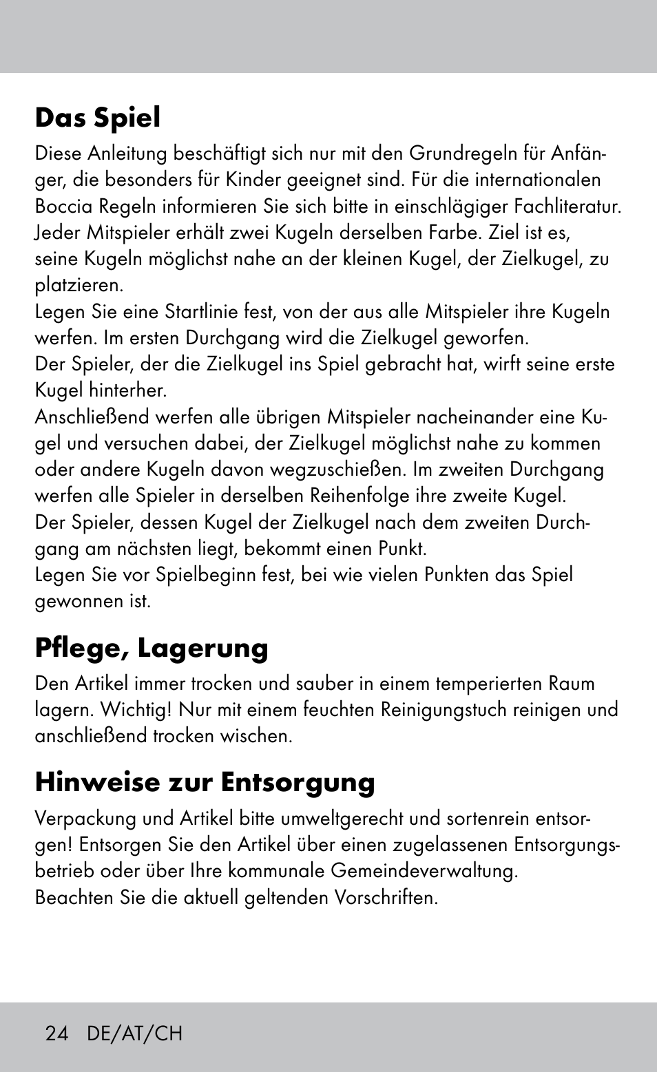 Das spiel, Pflege, lagerung, Hinweise zur entsorgung | Playtive Bocce Set User Manual | Page 24 / 28