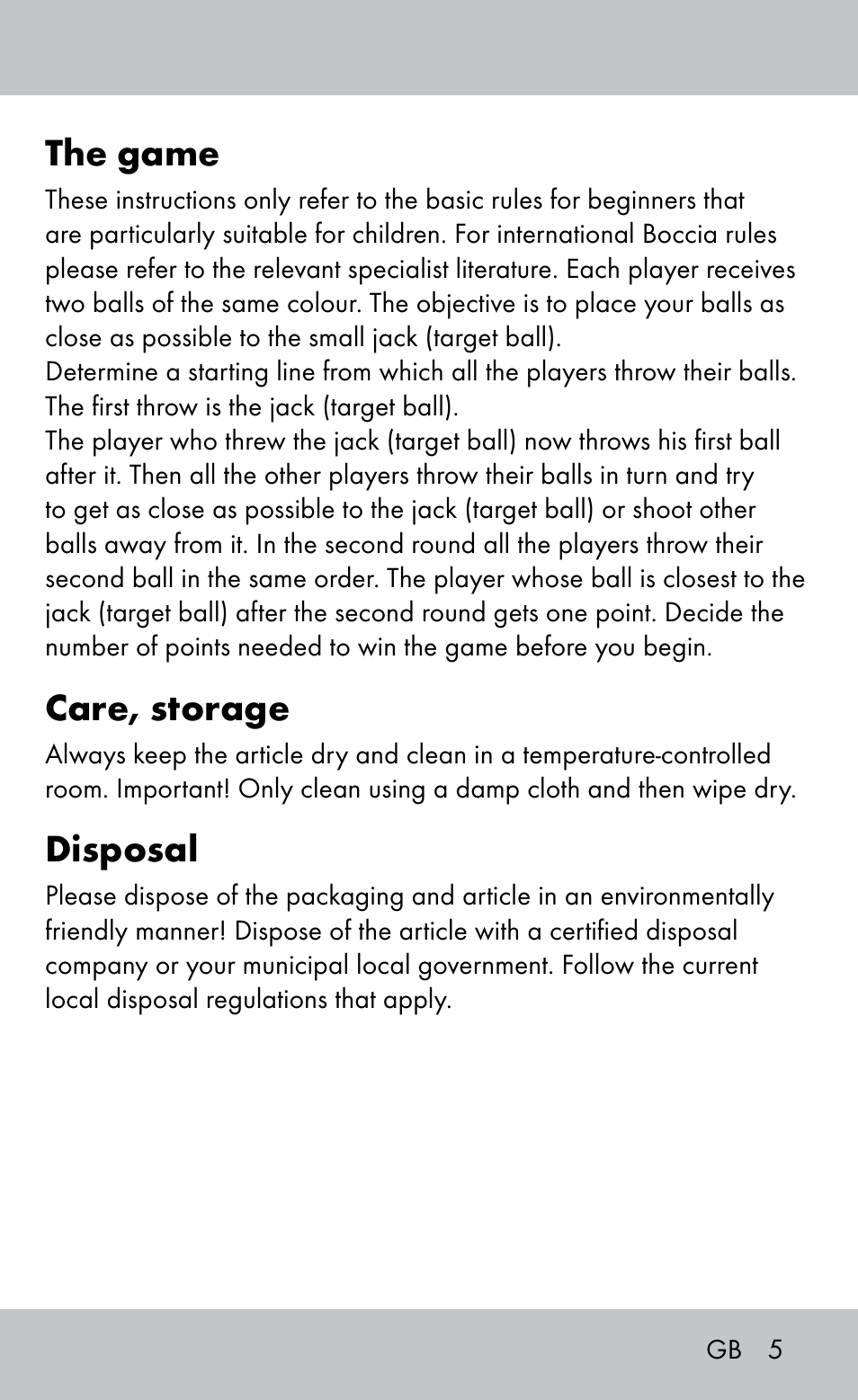 The game, Care, storage, Disposal | Playtive Bocce Set User Manual | Page 5 / 28