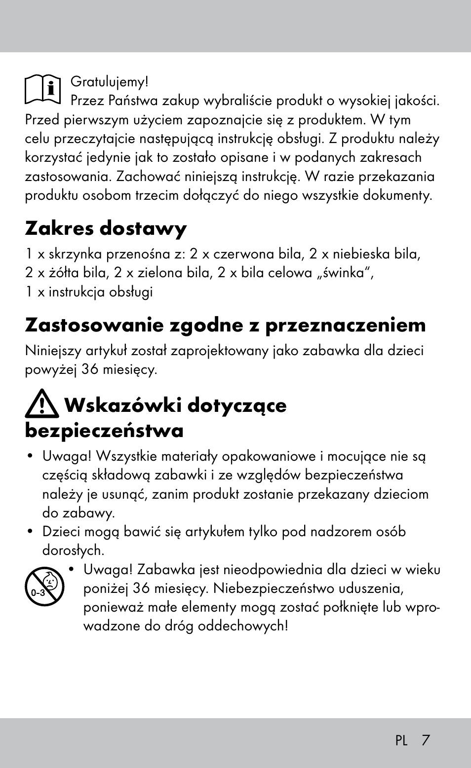 Zakres dostawy, Zastosowanie zgodne z przeznaczeniem, Wskazówki dotyczące bezpieczeństwa | Playtive Bocce Set User Manual | Page 7 / 28