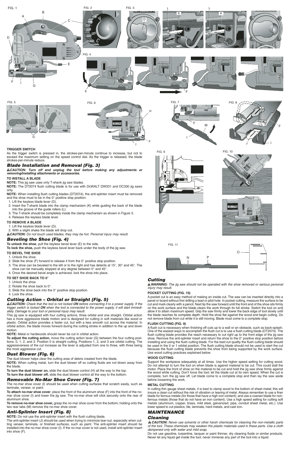 Blade installation and removal (fig. 3), Beveling the shoe (fig. 4), Cutting action – orbital or straight (fig. 5) | Dust blower (fig. 6), Removable no-mar shoe cover (fig. 7), Anti-splinter insert (fig. 8), Cutting, Maintenance cleaning | DeWalt DW331 User Manual | Page 2 / 6