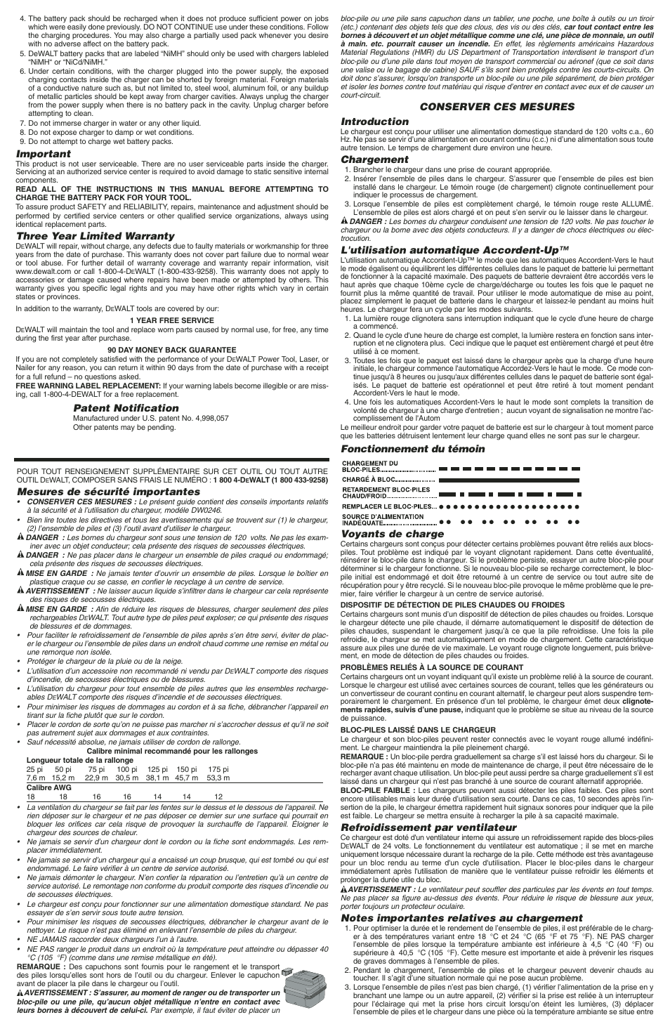 Mesures de sécurité importantes, Conserver ces mesures introduction, Chargement | L'utilisation automatique accordent-up, Fonctionnement du témoin voyants de charge, Refroidissement par ventilateur, Important, Three year limited warranty, Patent notification | DeWalt DW0246 User Manual | Page 2 / 4