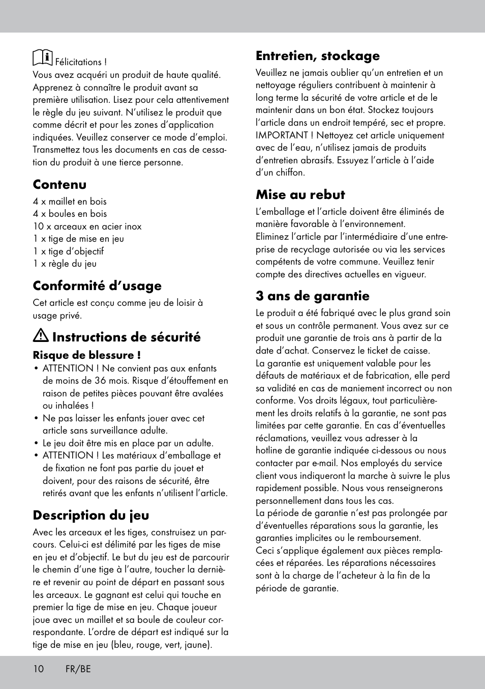 Entretien, stockage, Mise au rebut, 3 ans de garantie | Contenu, Conformité d’usage, Instructions de sécurité, Description du jeu | Playtive CROQUET SET User Manual | Page 10 / 16