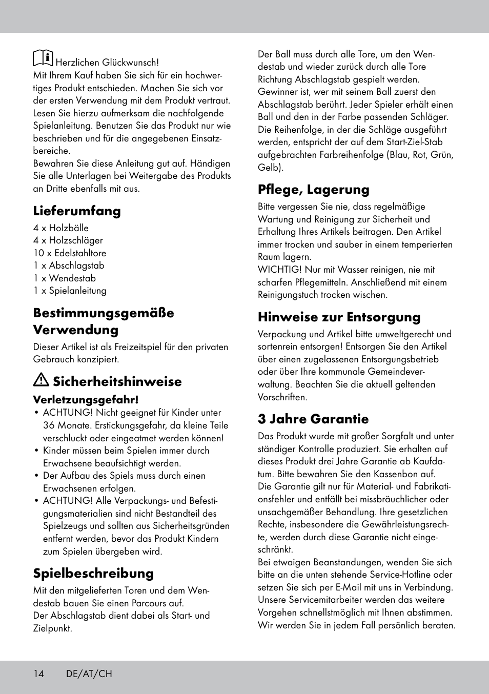 Lieferumfang, Bestimmungsgemäße verwendung, Sicherheitshinweise | Spielbeschreibung, Pflege, lagerung, Hinweise zur entsorgung, 3 jahre garantie | Playtive CROQUET SET User Manual | Page 14 / 16