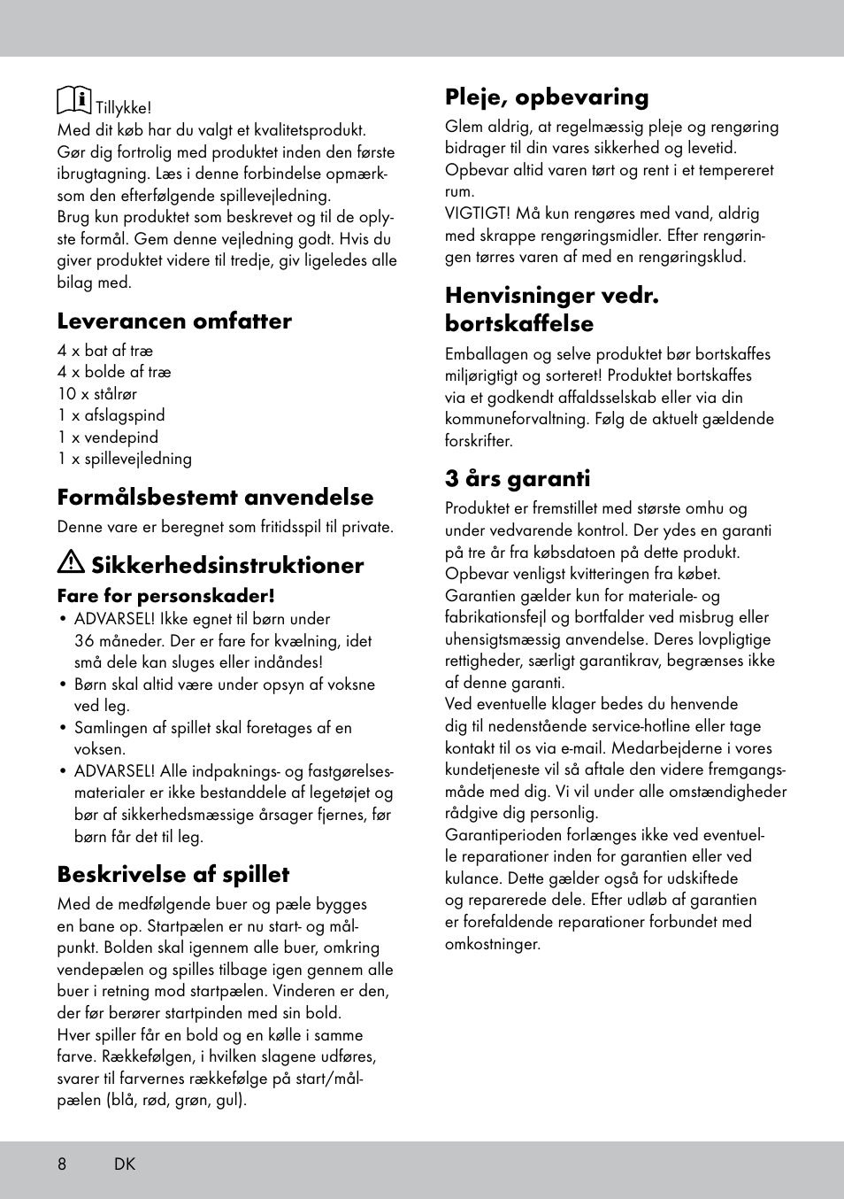 Leverancen omfatter, Formålsbestemt anvendelse, Sikkerhedsinstruktioner | Beskrivelse af spillet, Pleje, opbevaring, Henvisninger vedr. bortskaffelse, 3 års garanti | Playtive CROQUET SET User Manual | Page 8 / 16