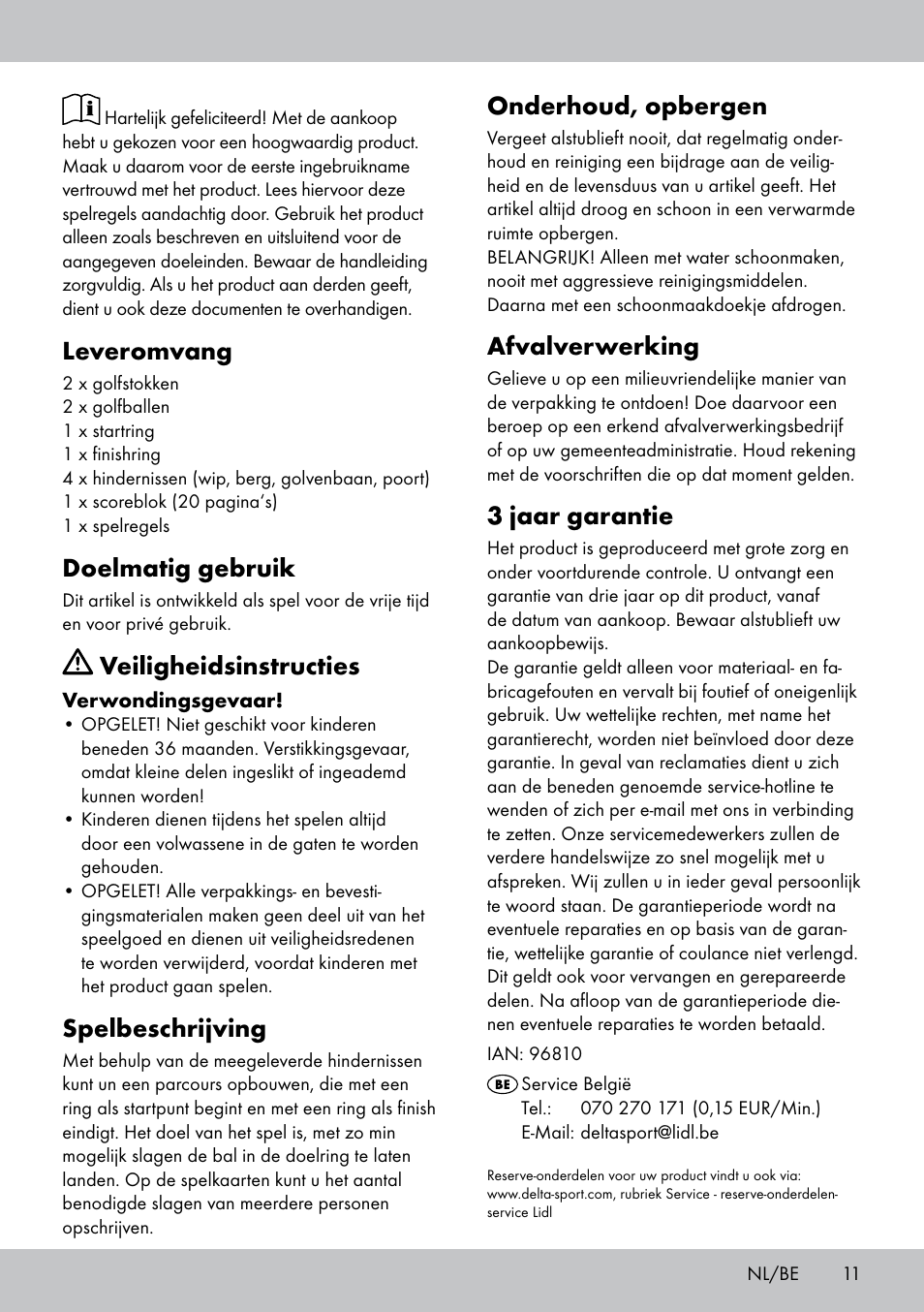 Onderhoud, opbergen, Afvalverwerking, 3 jaar garantie | Leveromvang, Doelmatig gebruik, Veiligheidsinstructies, Spelbeschrijving | Playtive MINI GOLF SET User Manual | Page 11 / 16