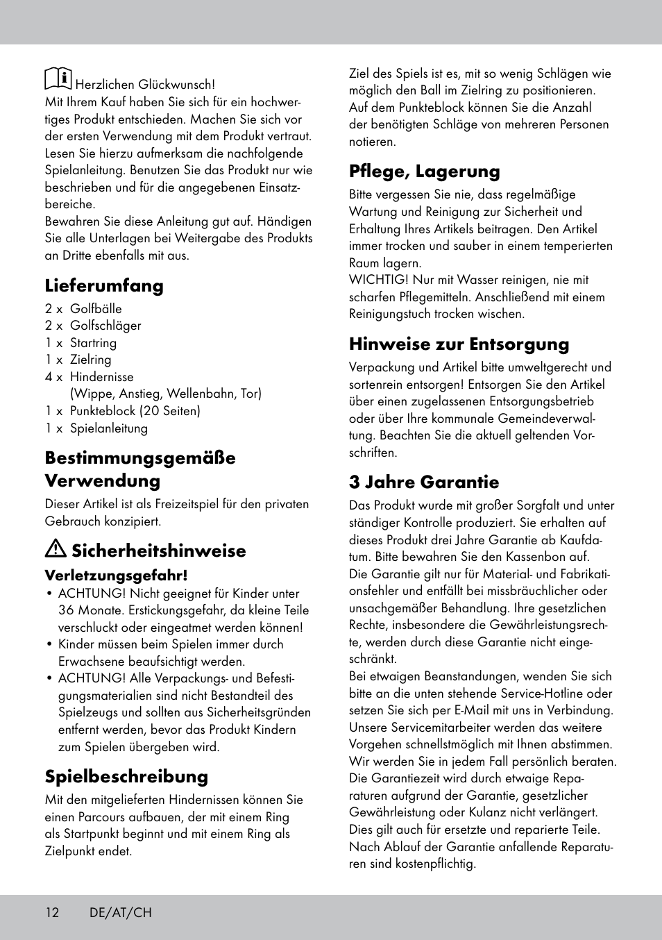 Lieferumfang, Bestimmungsgemäße verwendung, Sicherheitshinweise | Spielbeschreibung, Pflege, lagerung, Hinweise zur entsorgung, 3 jahre garantie | Playtive MINI GOLF SET User Manual | Page 12 / 16