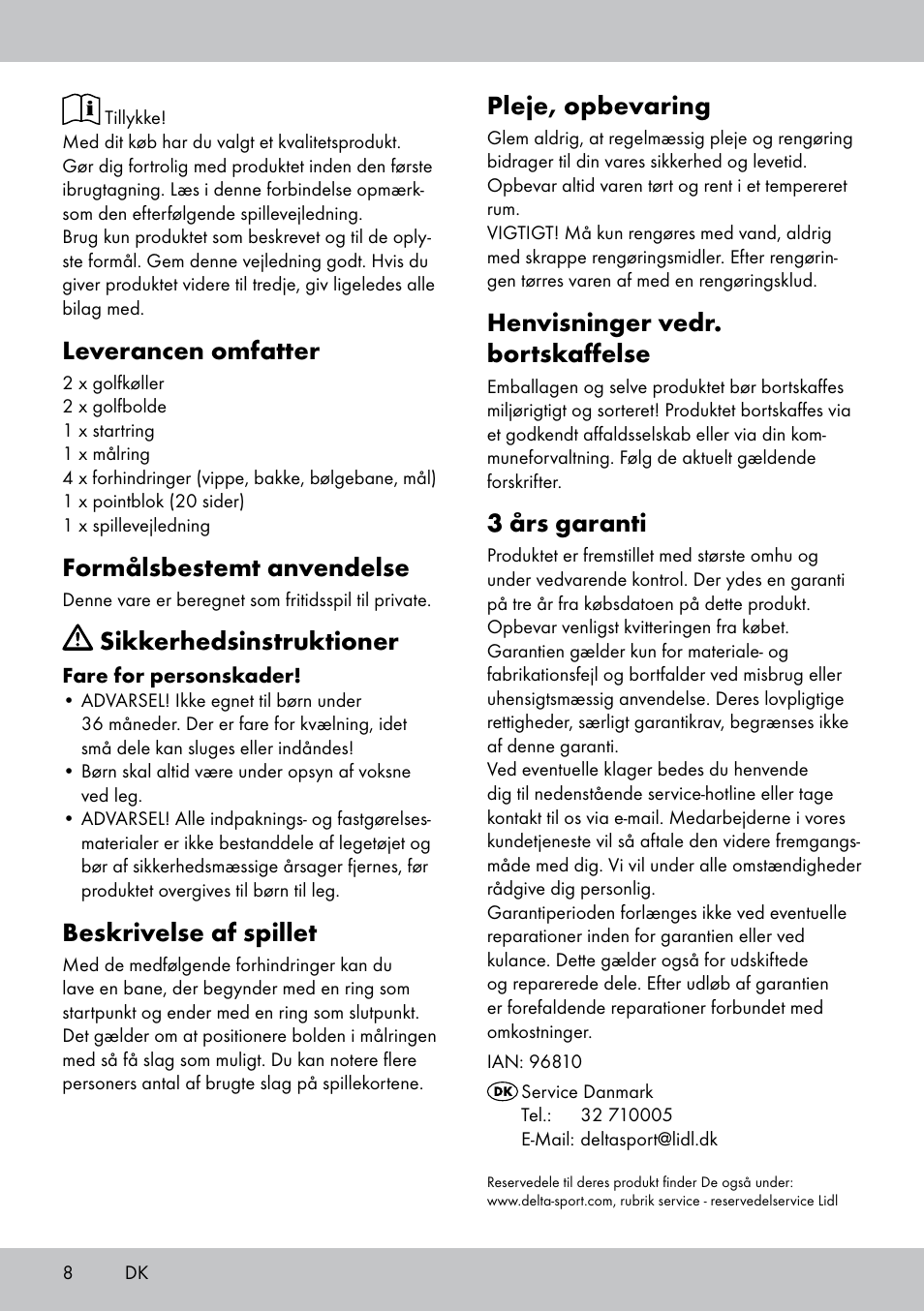 Leverancen omfatter, Formålsbestemt anvendelse, Sikkerhedsinstruktioner | Beskrivelse af spillet, Pleje, opbevaring, Henvisninger vedr. bortskaffelse, 3 års garanti | Playtive MINI GOLF SET User Manual | Page 8 / 16