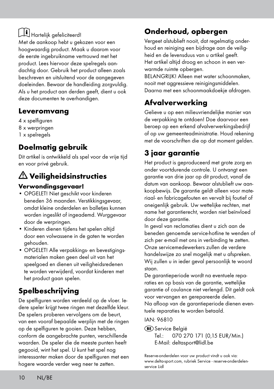 Leveromvang, Doelmatig gebruik, Veiligheidsinstructies | Spelbeschrijving, Onderhoud, opbergen, Afvalverwerking, 3 jaar garantie | Playtive HOOPLA GAME User Manual | Page 10 / 16