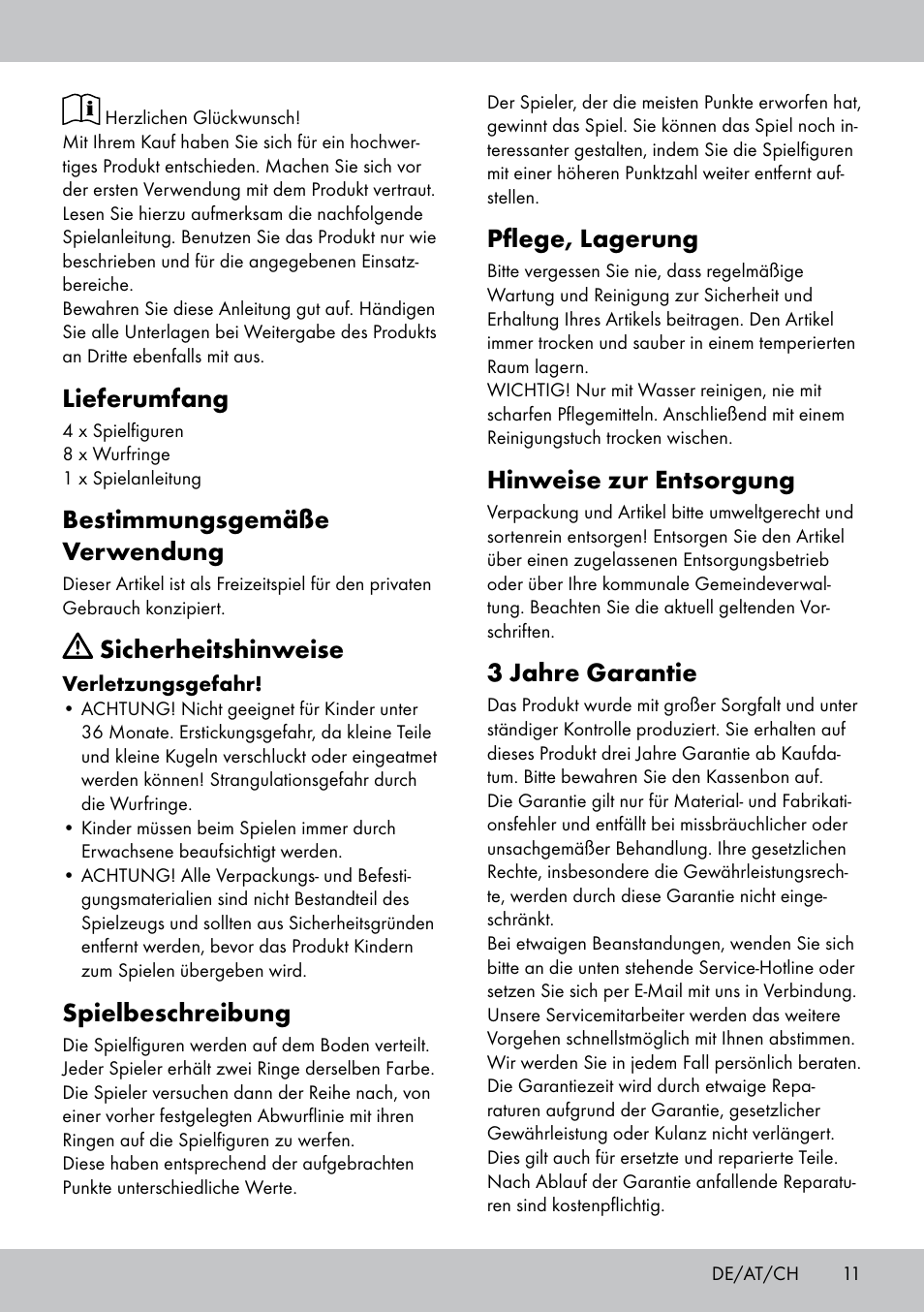 Lieferumfang, Bestimmungsgemäße verwendung, Sicherheitshinweise | Spielbeschreibung, Pflege, lagerung, Hinweise zur entsorgung, 3 jahre garantie | Playtive HOOPLA GAME User Manual | Page 11 / 16