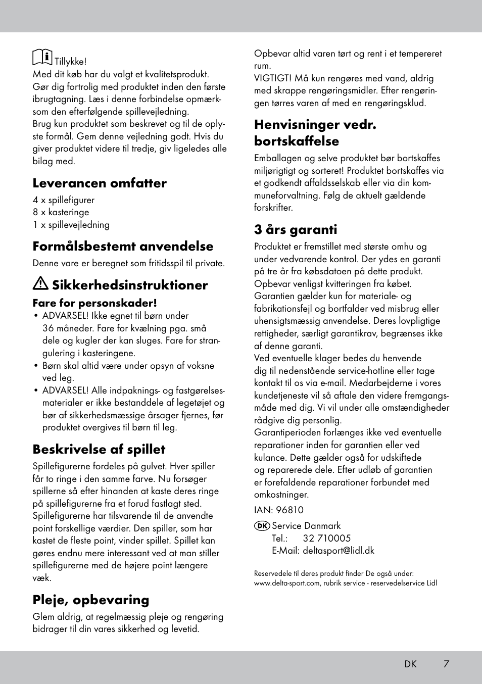 Leverancen omfatter, Formålsbestemt anvendelse, Sikkerhedsinstruktioner | Beskrivelse af spillet, Pleje, opbevaring, Henvisninger vedr. bortskaffelse, 3 års garanti | Playtive HOOPLA GAME User Manual | Page 7 / 16