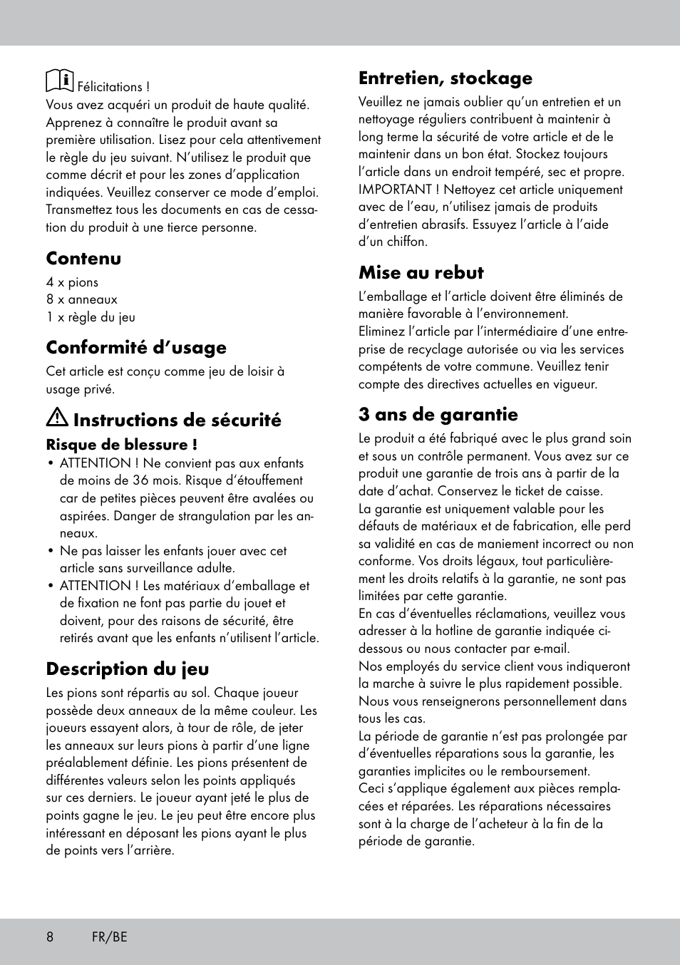 Entretien, stockage, Mise au rebut, 3 ans de garantie | Contenu, Conformité d’usage, Instructions de sécurité, Description du jeu | Playtive HOOPLA GAME User Manual | Page 8 / 16