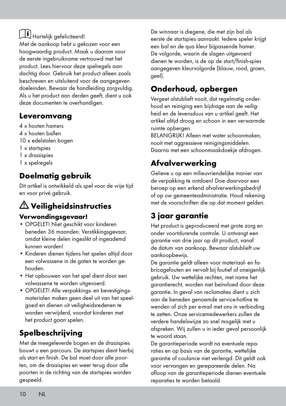 Leveromvang, Doelmatig gebruik, Veiligheidsinstructies | Spelbeschrijving, Onderhoud, opbergen, Afvalverwerking, 3 jaar garantie | Playtive CROQUET SET User Manual | Page 10 / 16